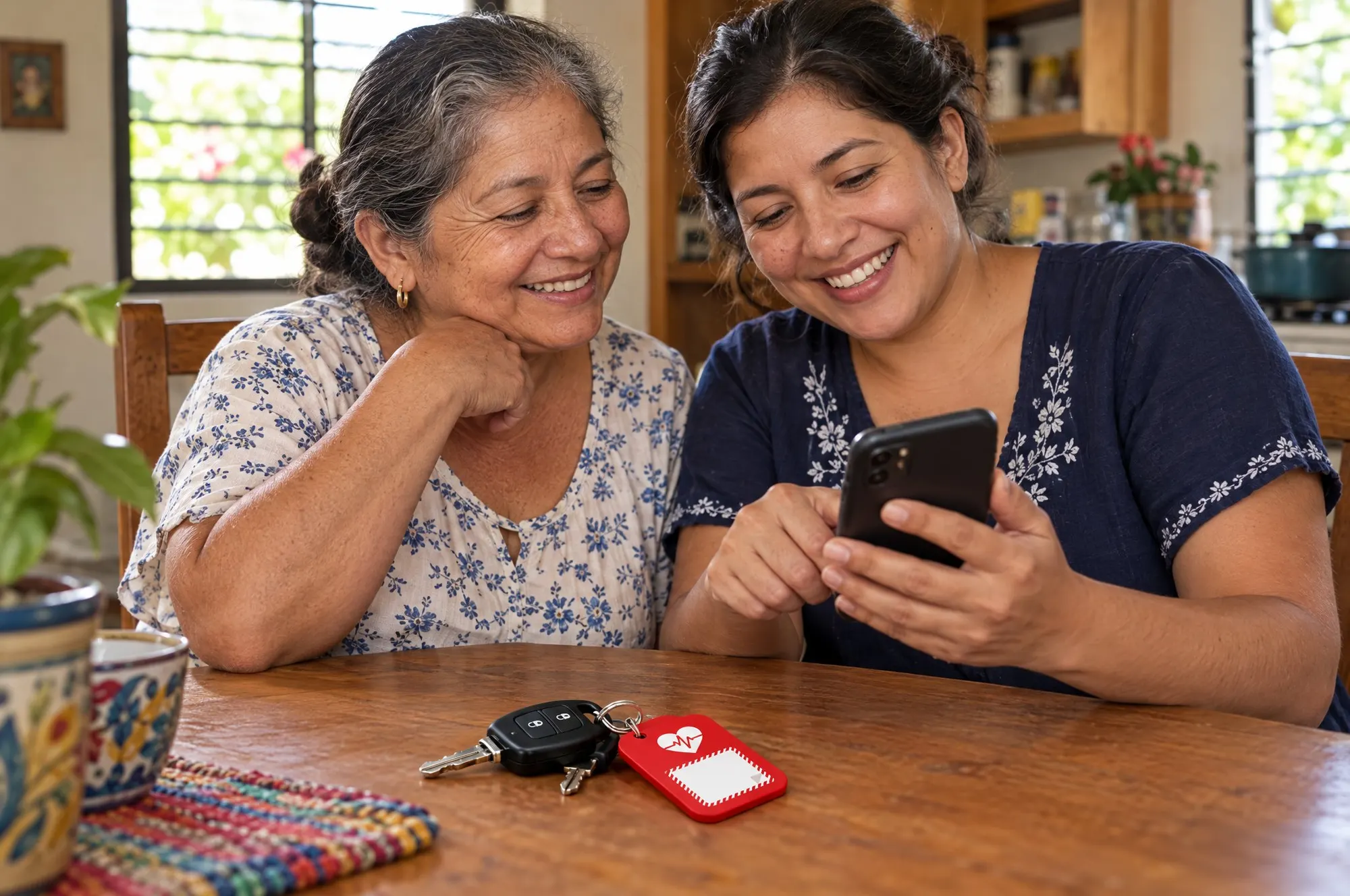 Madre e hija sonríen frente a un celular, con las llaves y el llavero de Mi Vida ID en la mesa