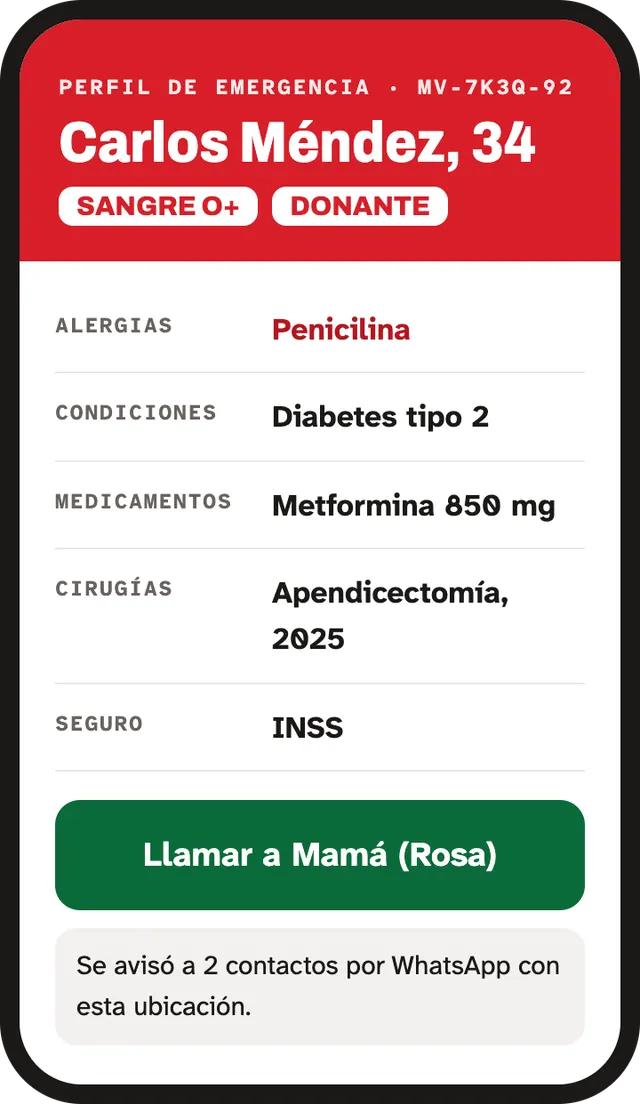 Pantalla del perfil de emergencia en el celular